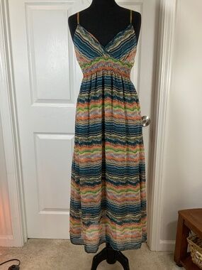 She’s Cool Chiffon Multicolored Striped Smocked Boho Maxi Dress Size Medium